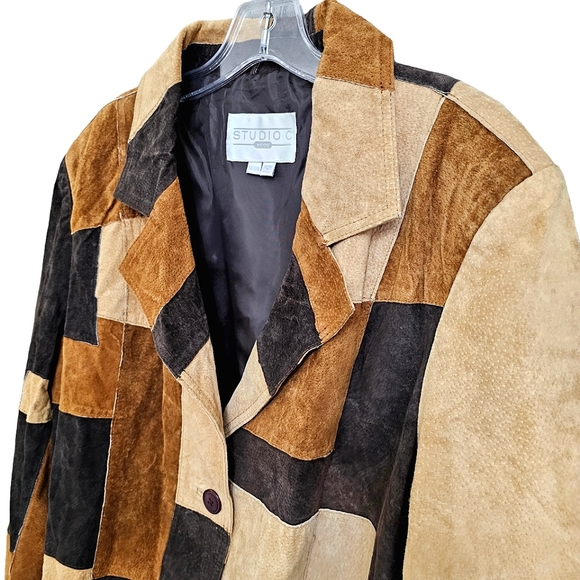 Studio C Retro Patchwork Leather Collared Longsleeve Button Front Jacket… - Picture 13 of 17